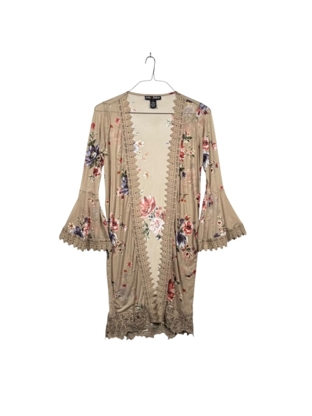 Polly & Esther Duster Kimono Boho Fairy Beige Floral Mesh Lace Womens Small